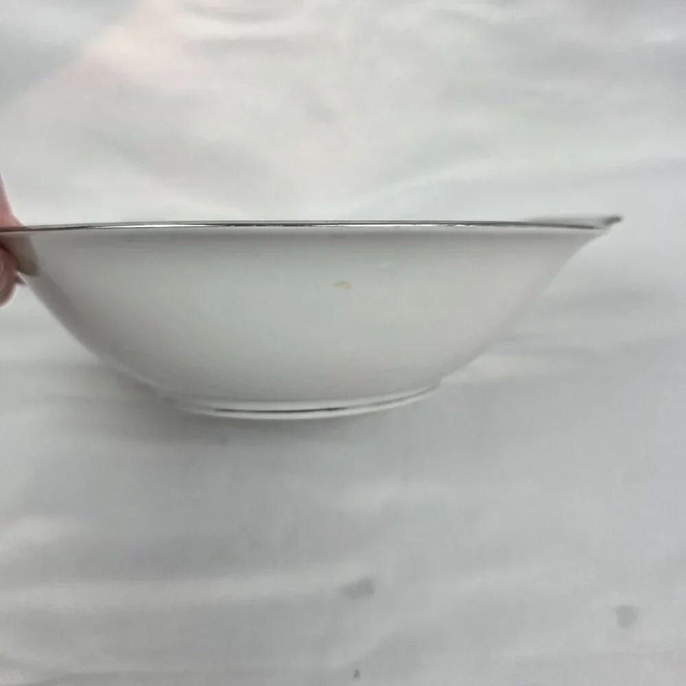 Sango Plantina Round Serving Bowl 9 Inch White with Gray Band & Platinum Trim